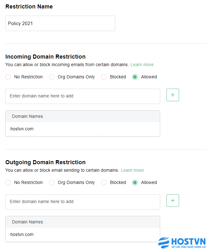 Ảnh ví dụ chỉ cho phép gửi và nhận email đối với tên miền hostvn.com