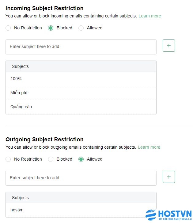 Thiết lập hạn chế tiêu đề email